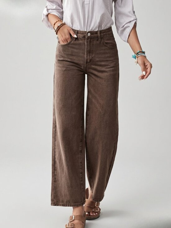 Denim - Women Brown High Waist Straight Leg Jeans Casual Cotton Minimal Chic Pants